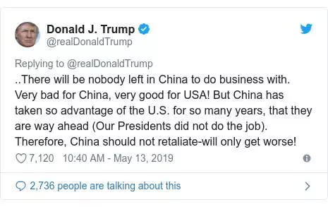 ◤中美貿易戰◢中國反擊 特朗普警告:不應報復否則更慘