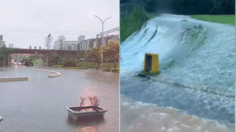 桃竹雷雨胞狂炸!新竹逾5路段淹水 斜坡瞬間變小瀑布