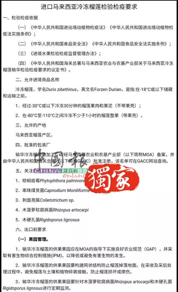 大馬冷凍全粒榴槤 獲准進口中國了