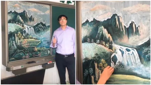 老師粉筆畫出山水畫 學生全跪了