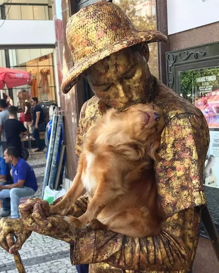 萌犬學主人「扮銅像」賺罐罐錢 超有戲「石化模樣」引路人圍觀