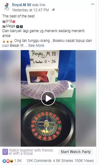 網賭新招!面書直播輪盤賭局 每天數千人下注