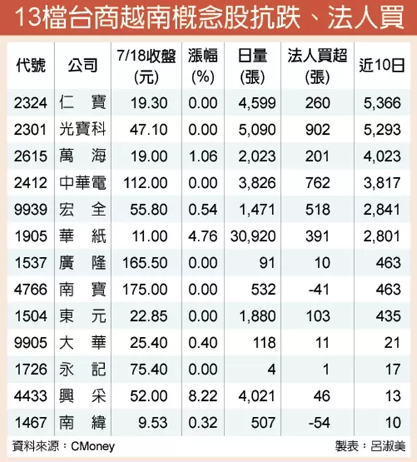 13檔越南概念股 吸金法人買
