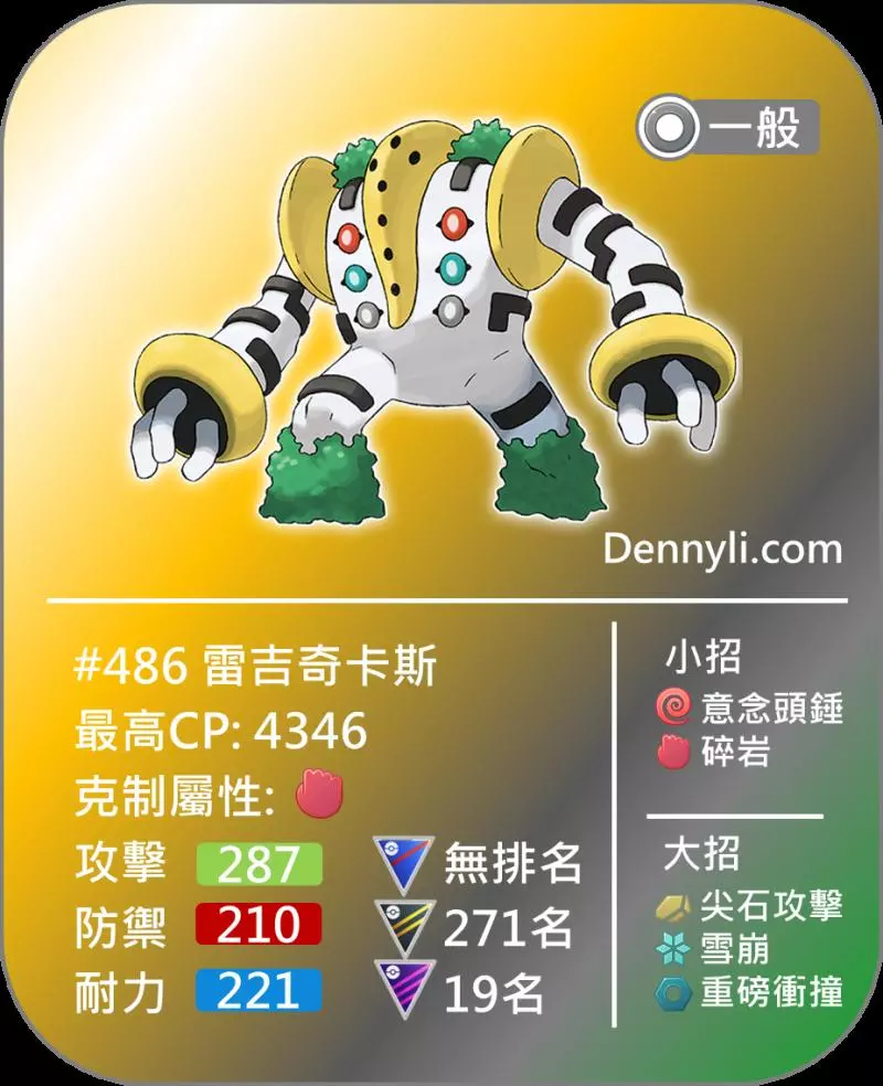 【PokemonGO】強大的體質與大招優勢,一般系最強神獸,聖柱王雷吉奇卡斯降臨 !