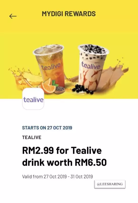 Digi 用戶好康!購買Tealive 只需RM2.99!BR 雪糕RM1.99!老虎堂黑糖鮮奶RM4.99!