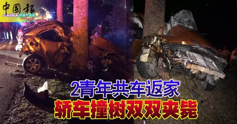 2青年共車返家, 猛撞路旁大樹,雙雙被夾斃車內!
